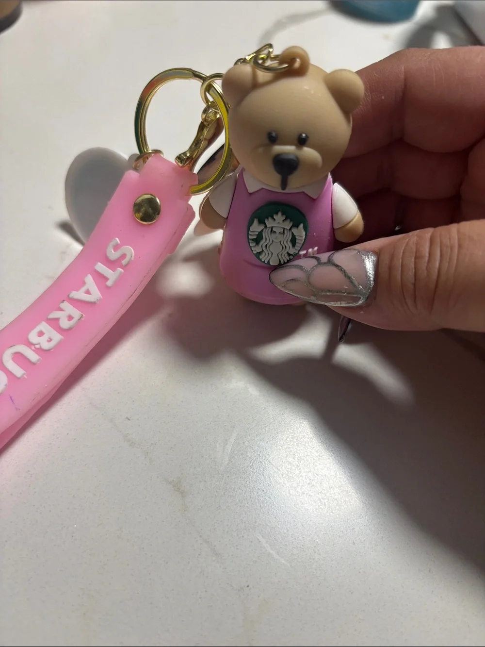 Starbucks Pink Bear Keychain with Gold Ring and Green Logo